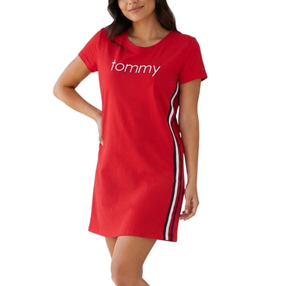 Tommy Hilfiger Red T-Shirt Dress L Racer Stripe Logo Y2K Sporty